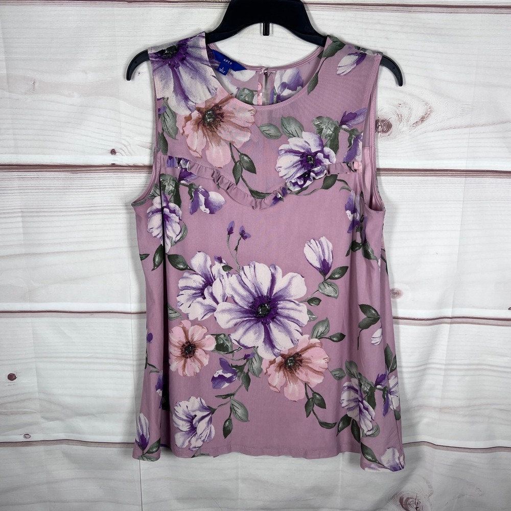Apt 9 Sleeveless Tank Top Womens L Purple Floral Ruffle Shell Mesh Knit Office